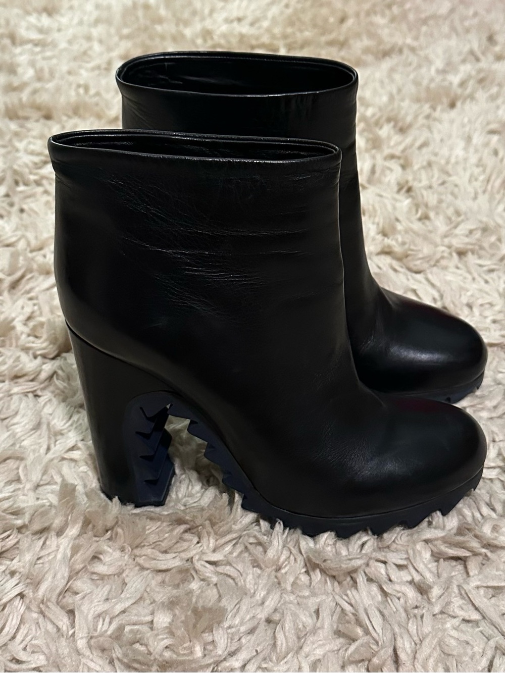 Jill Sander Black Leather Ankle Boots with Blue Lug Sole SEE DESCRIPTION